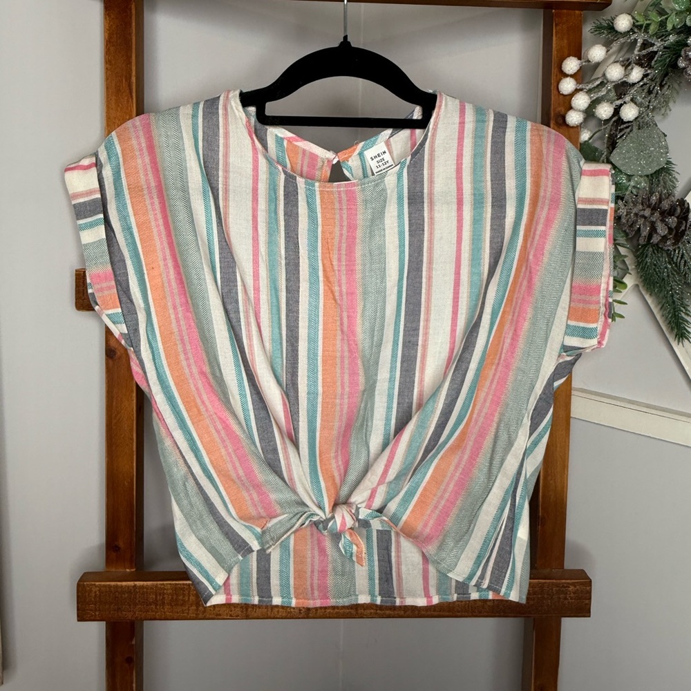SHEIN Pink and Green Boxy Crop Blouse with Mandarin Collar